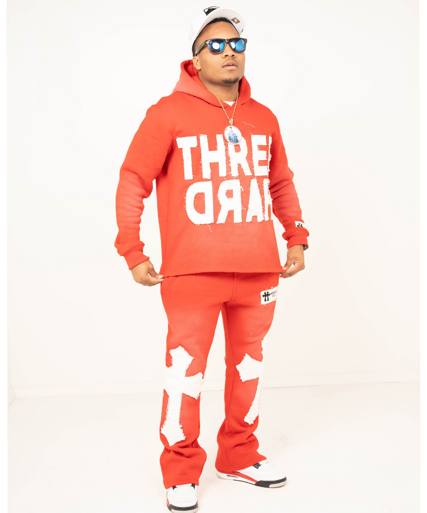 Distressed Flared Sweatsuit - Red