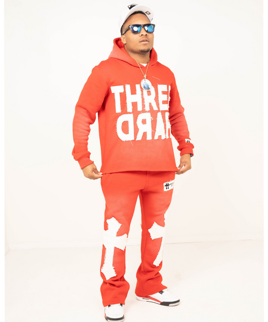 Distressed Flared Sweatsuit - Red