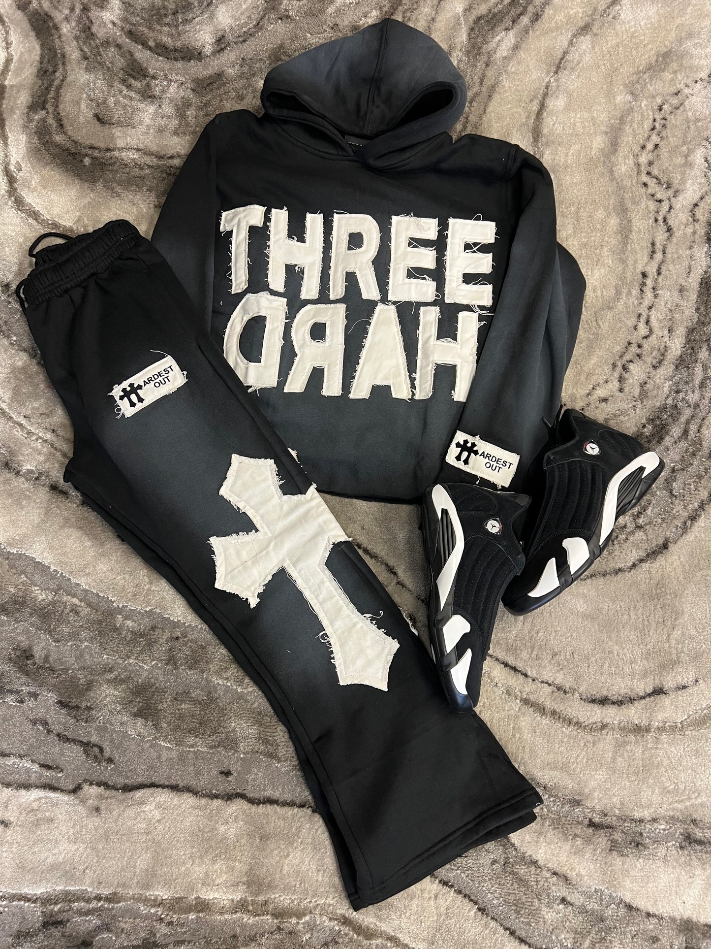 Distressed Flared Sweatsuit - Black