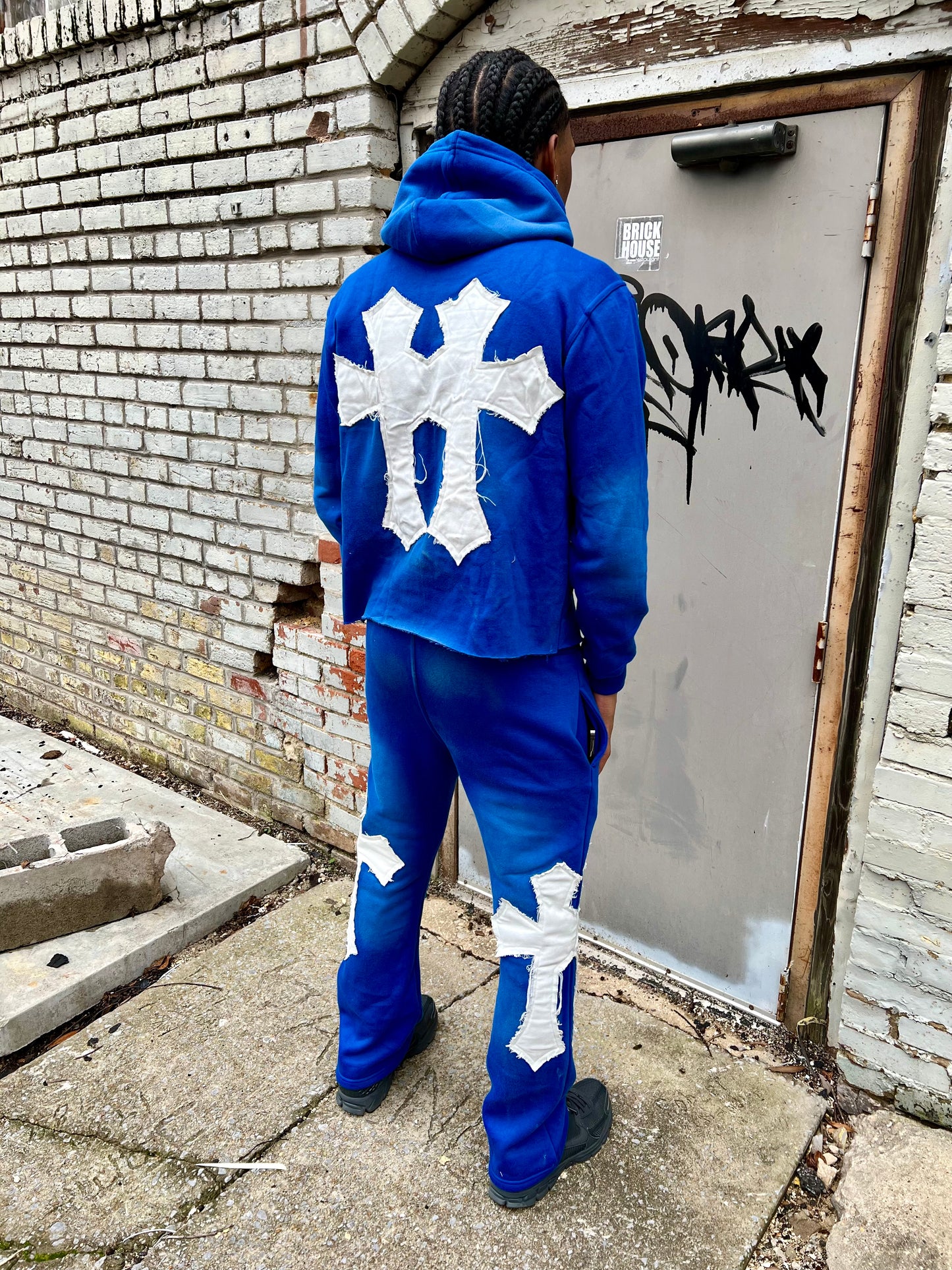 Distressed Flared Sweatsuit - Blue