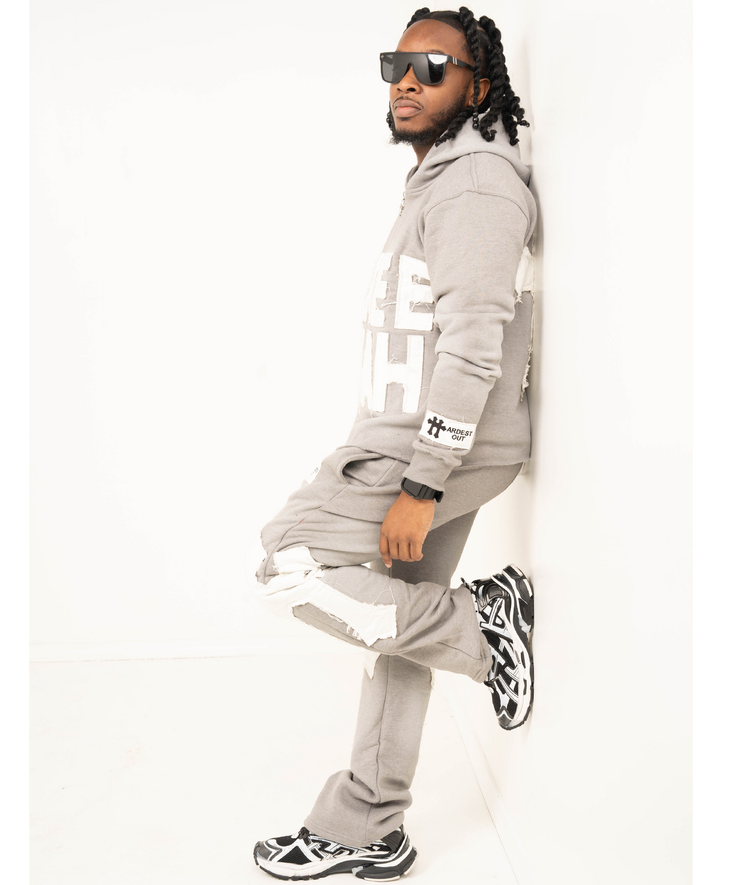 Distressed Flared Sweatsuit - Grey