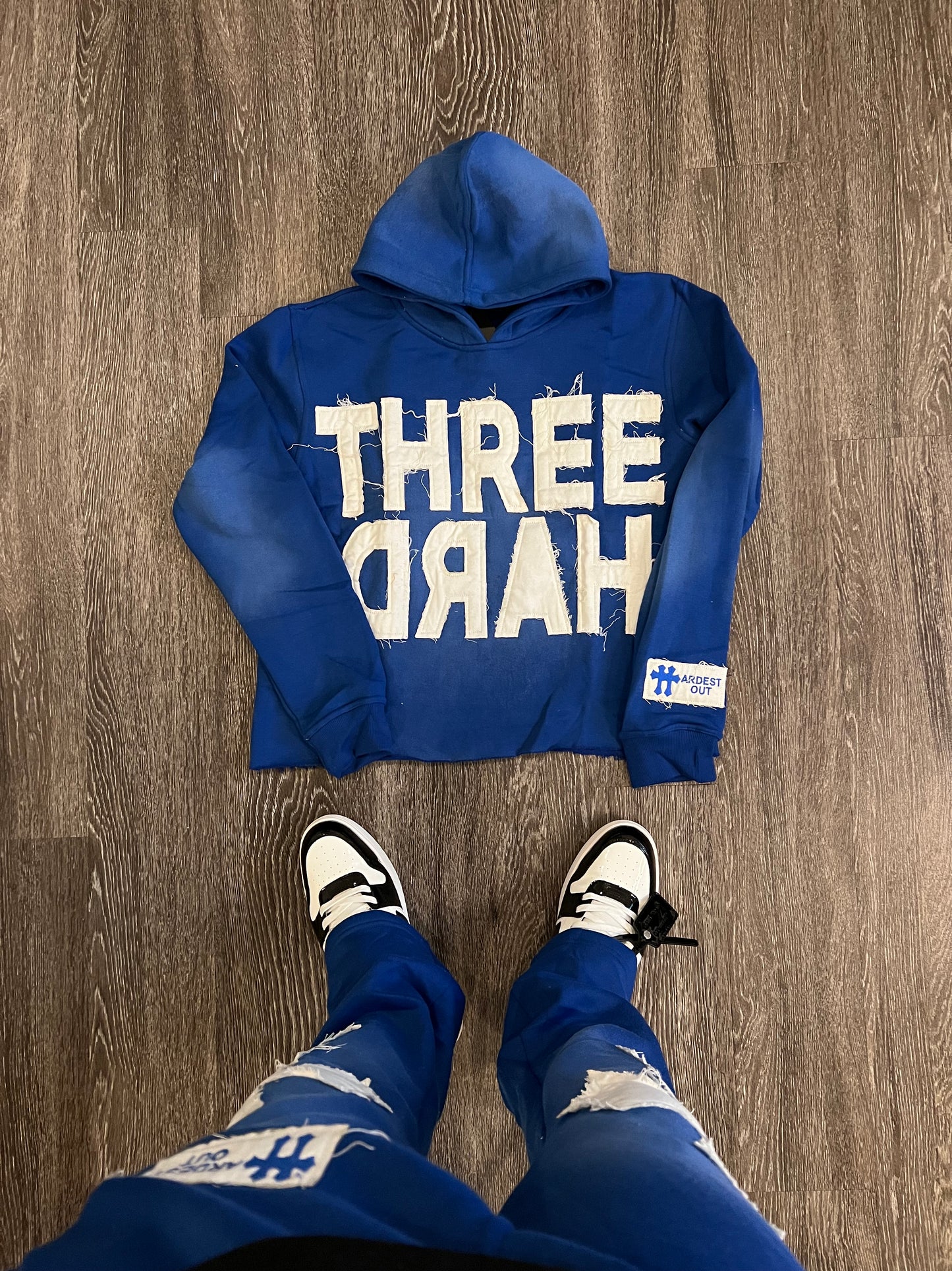 Distressed Flared Sweatsuit - Blue