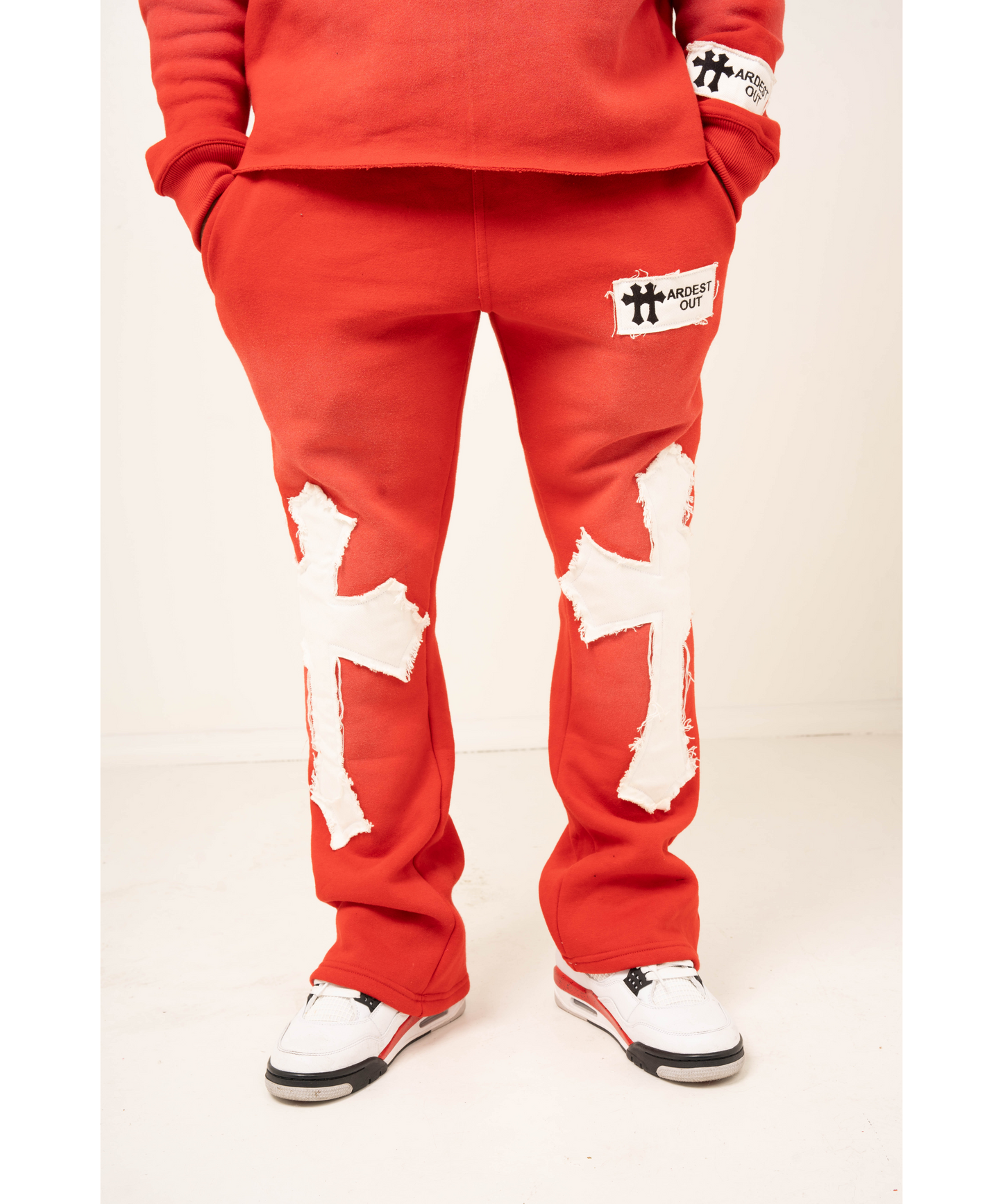 Distressed Flared Sweatsuit - Red