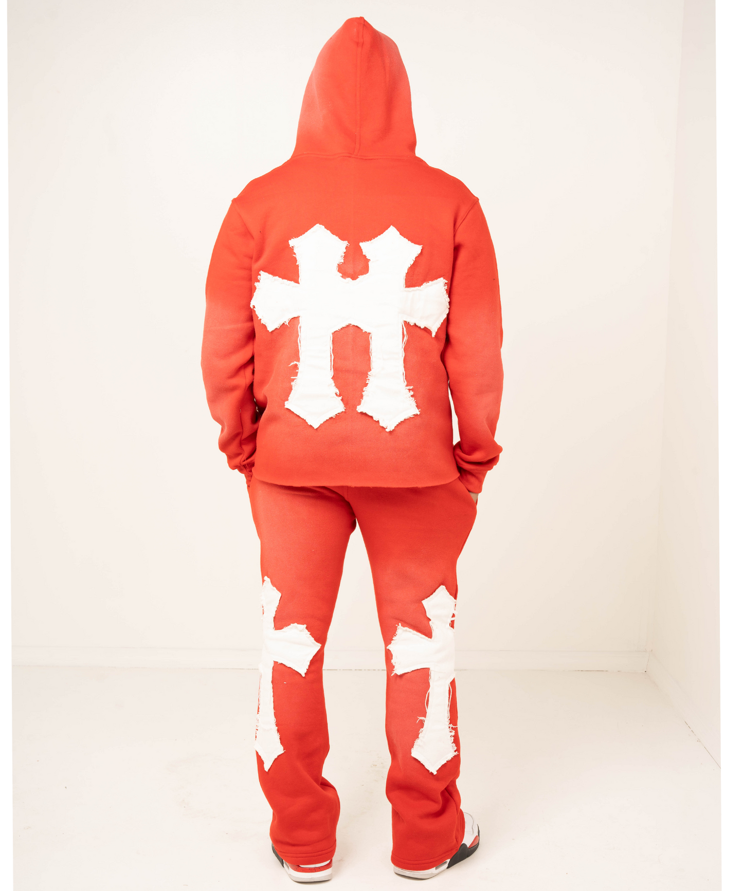 Distressed Flared Sweatsuit - Red