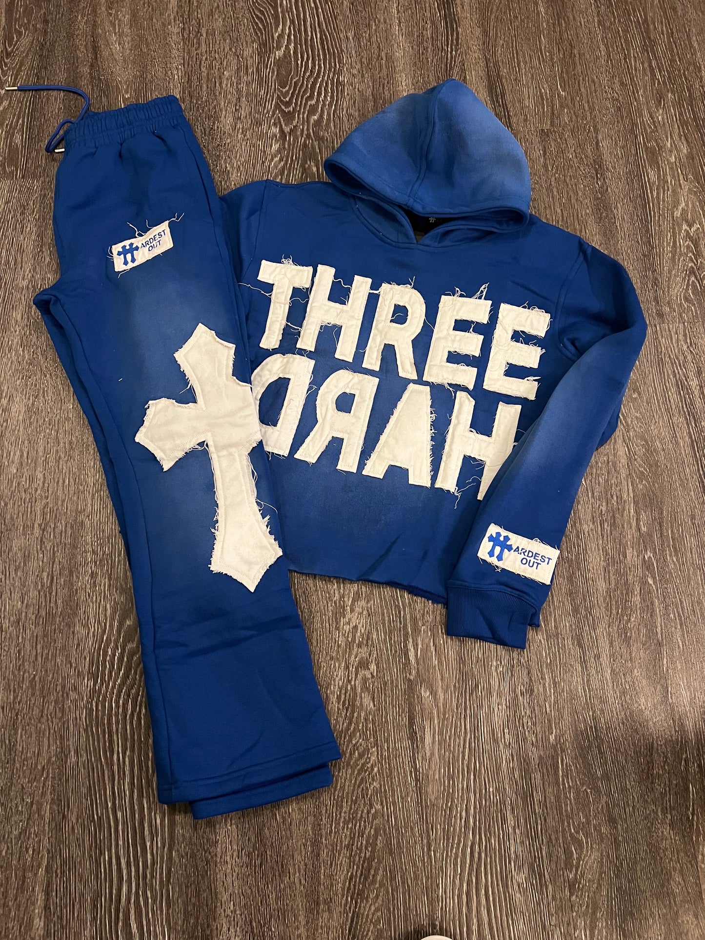 Distressed Flared Sweatsuit - Blue