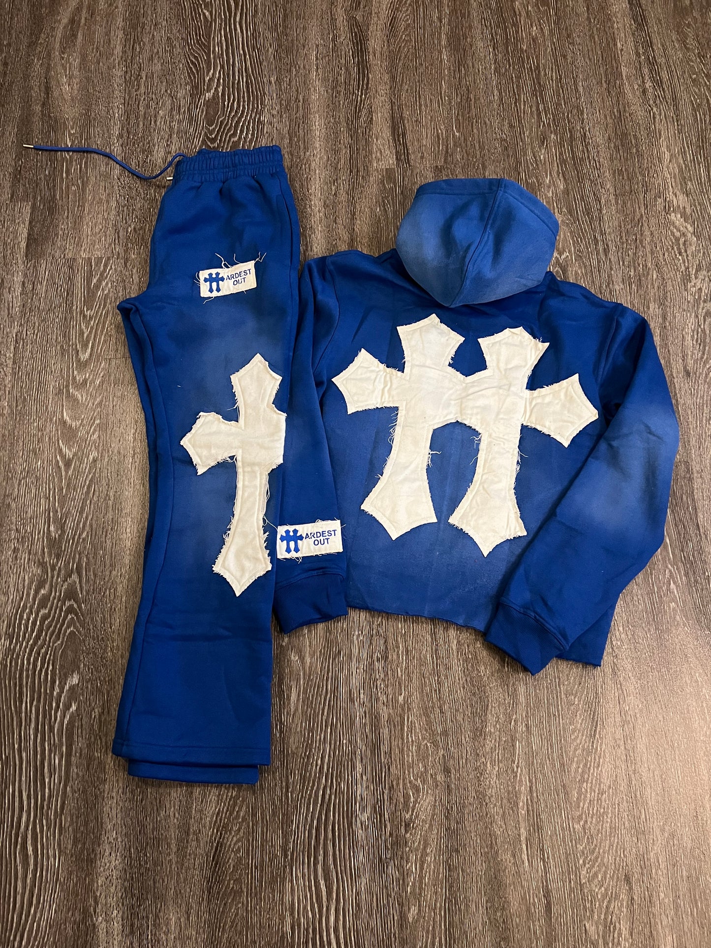 Distressed Flared Sweatsuit - Blue