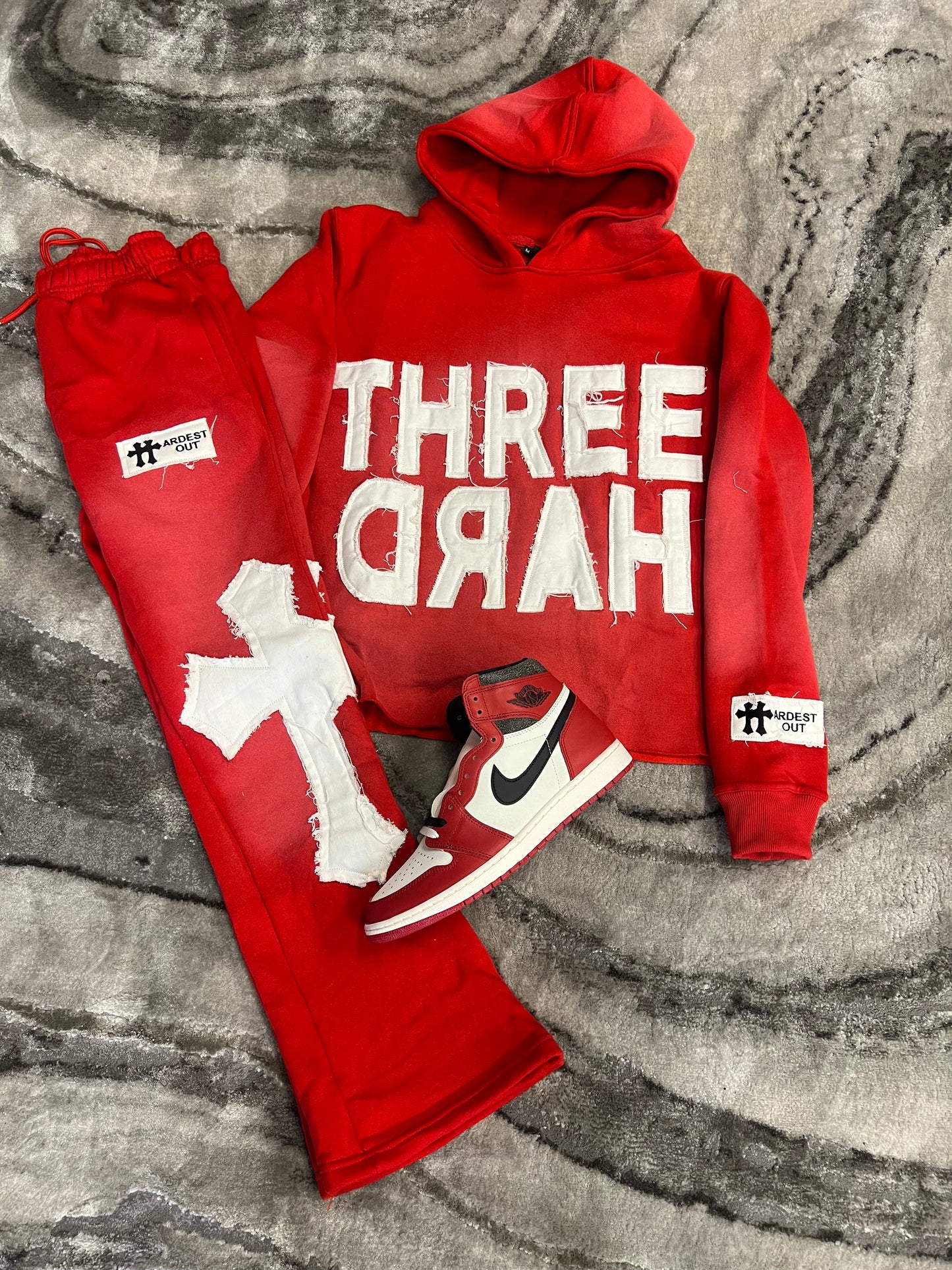 Distressed Flared Sweatsuit - Red