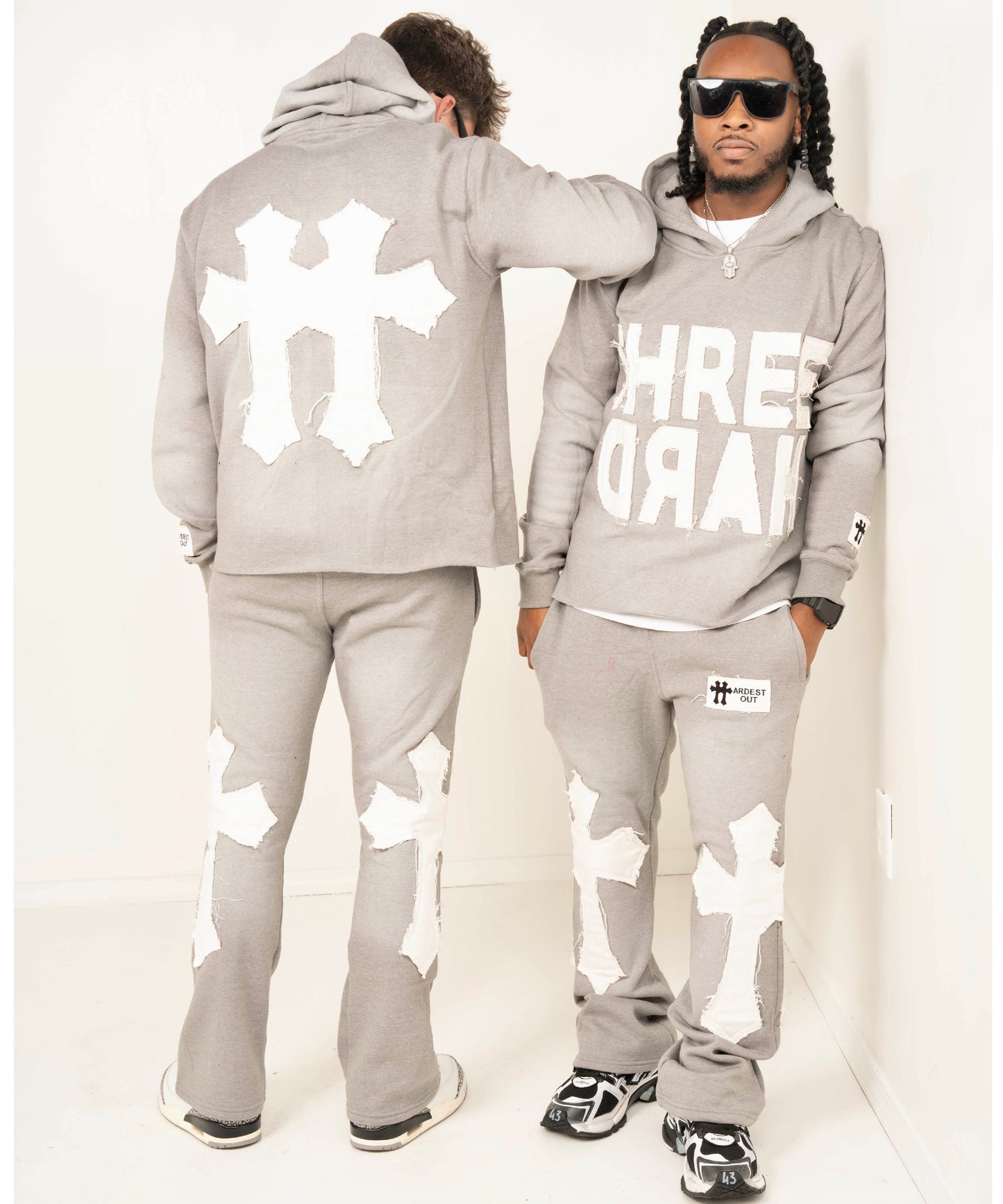 Distressed Flared Sweatsuit - Grey