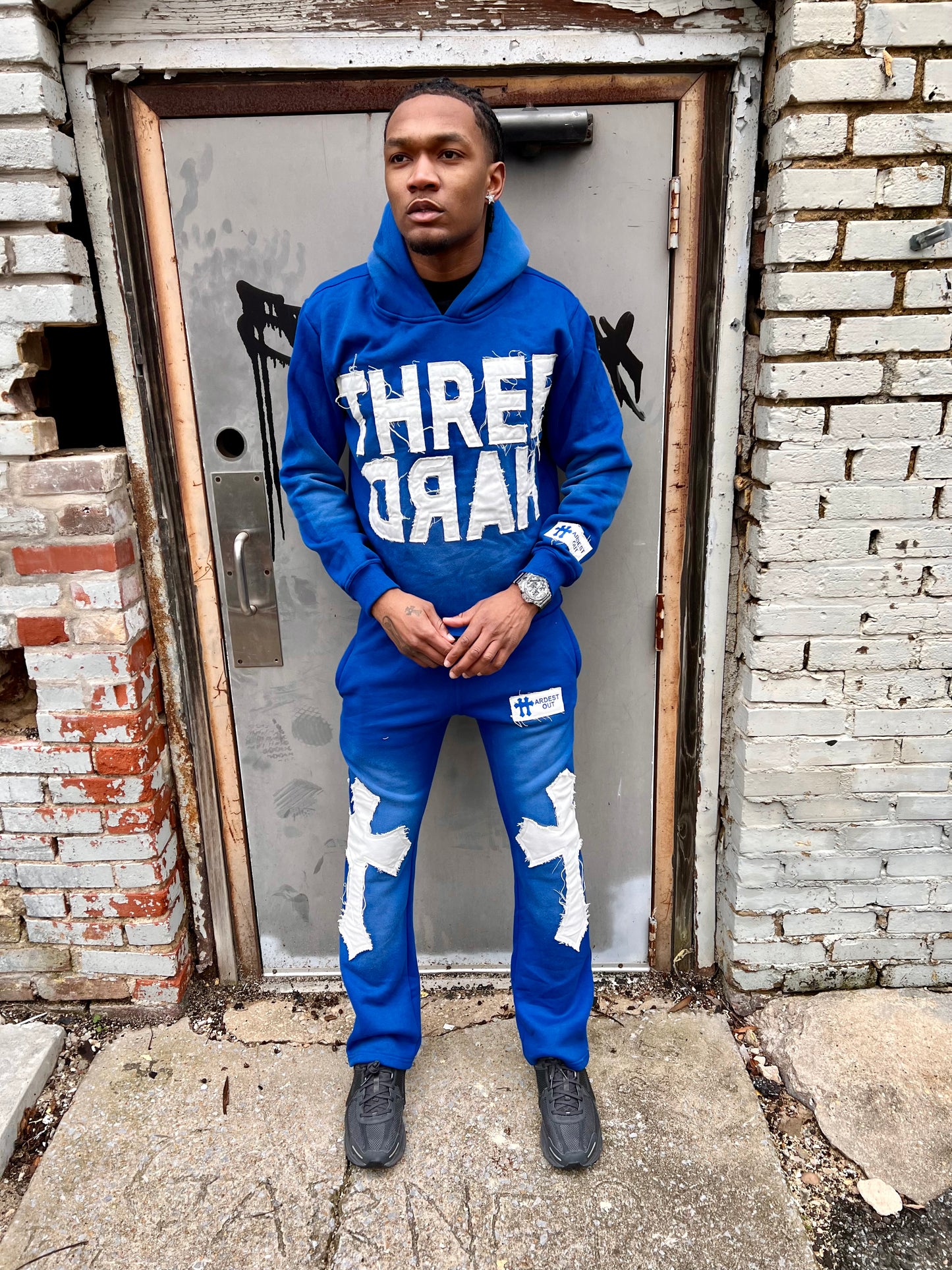 Distressed Flared Sweatsuit - Blue