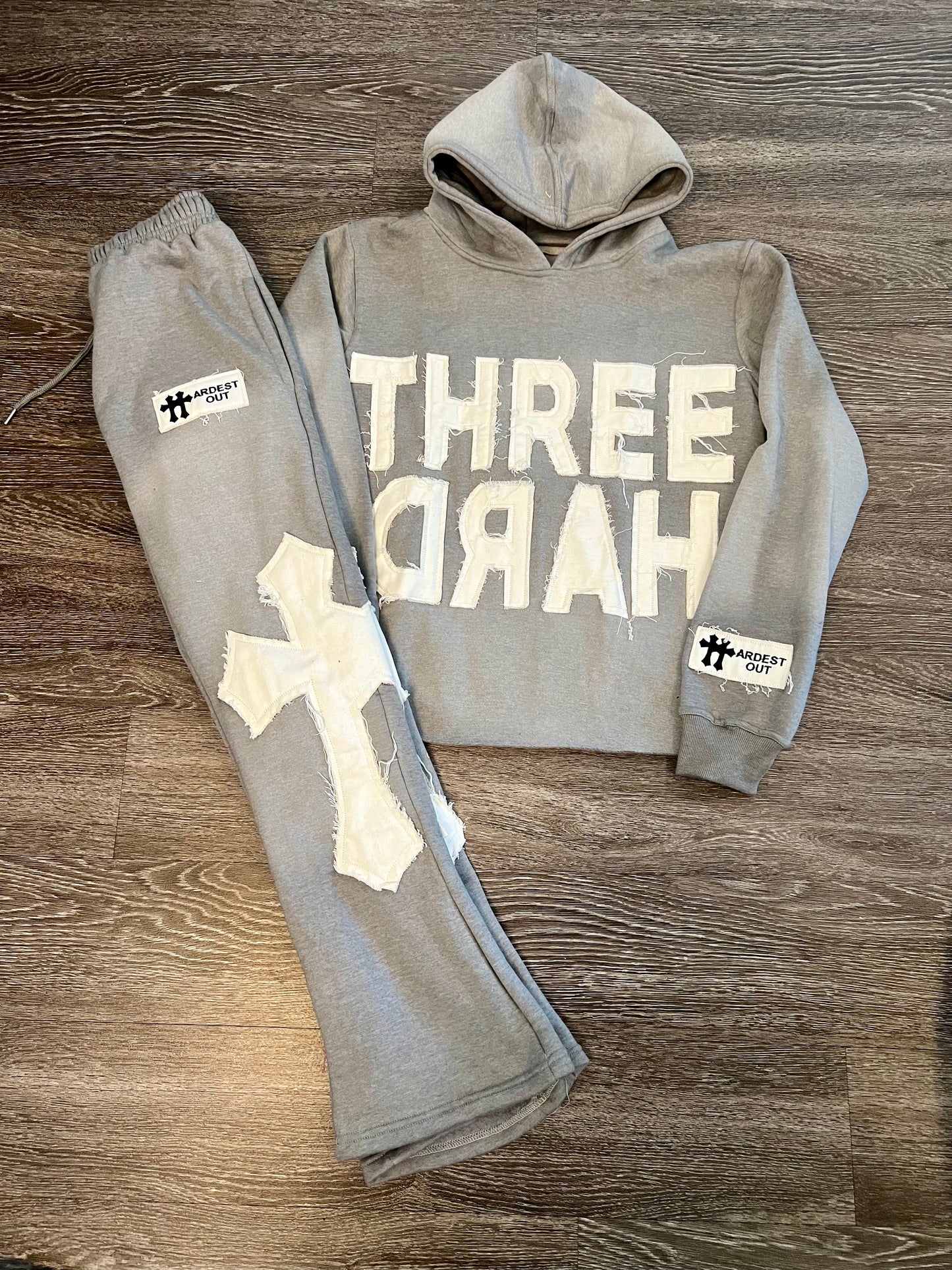 Distressed Flared Sweatsuit - Grey